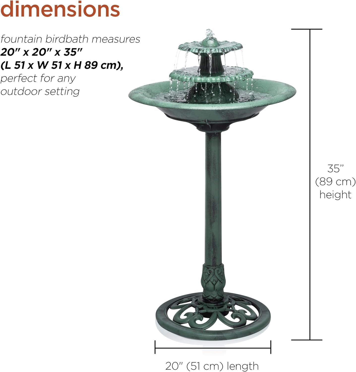 35" Tall 3-Tier Outdoor Pedestal Water Fountain – Durable Resin Cascading Water Feature and Birdbath for Garden, Patio, Deck, and Backyard, Green