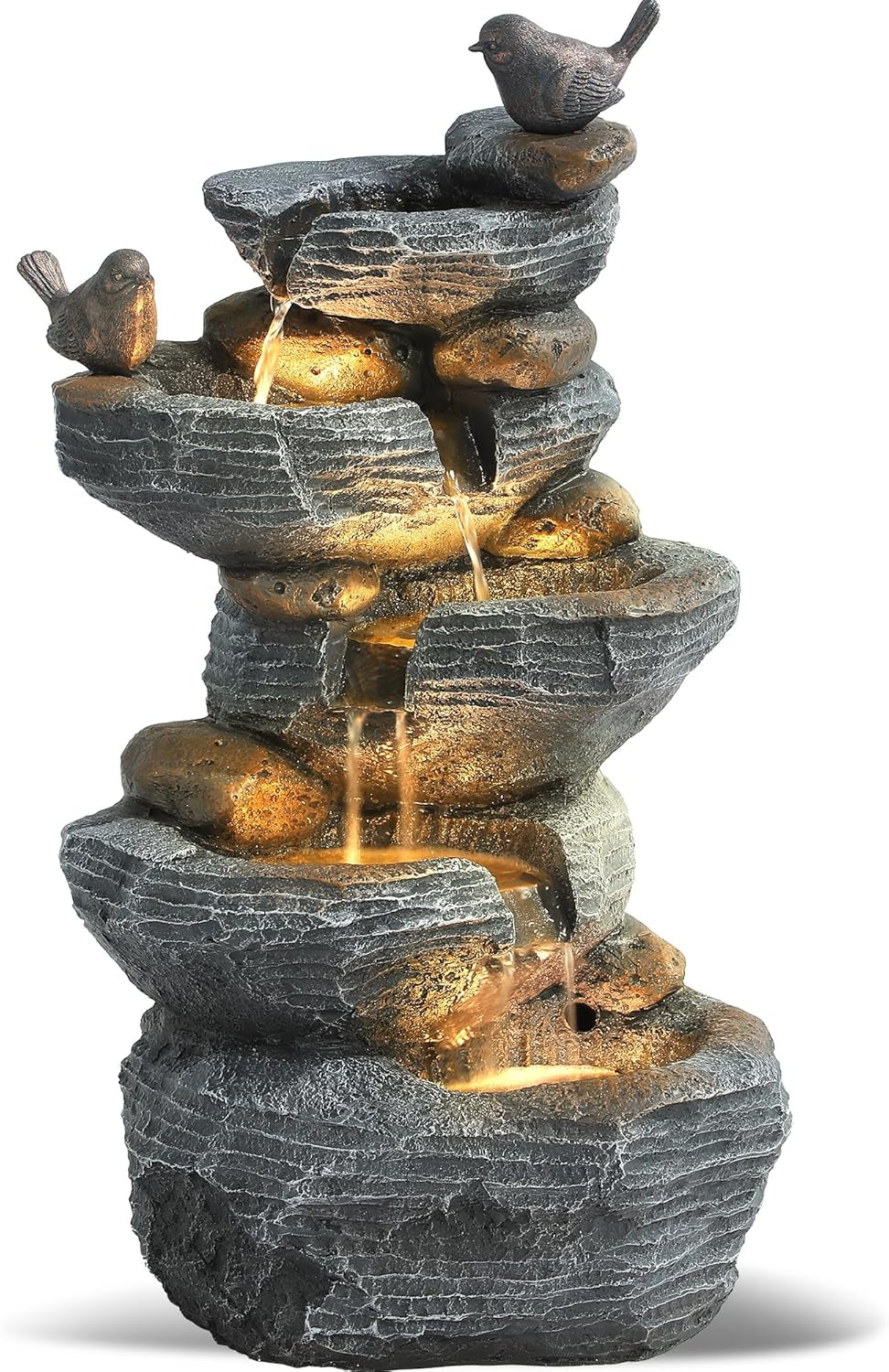 Outdoor 5-Tiers Cascading Rock Water Fountain, Waterfall Fountain with 4 LED Lights, Outdoor Fountains and Waterfalls for Garden or Patio, Yard, and Deck Decor with Natural Stone Look