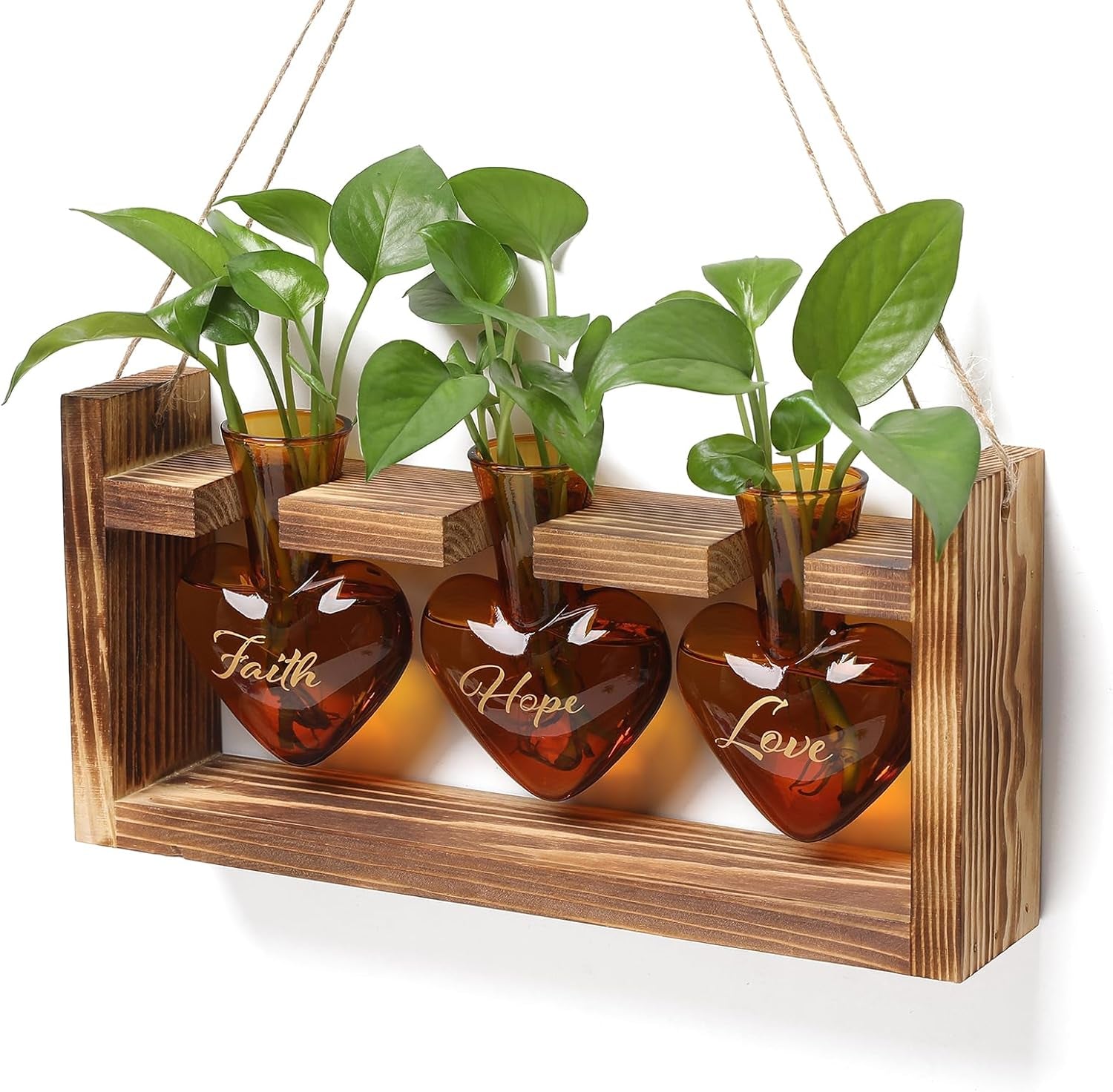 Plant Terrarium Propagation Stations Faith Hope Love Hydroponics Home Garden Decoration Gift for Women with Wooden Stand Heart Shaped Colored Glass Vase