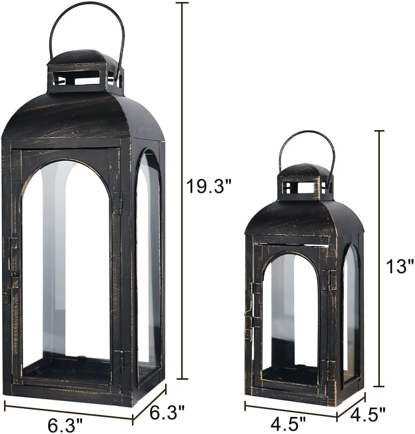 Lanterns Decorative Indoor,Set of 2 Outdoor Lanterns for Porch, 20" Metal Frame Candle Holders Hanging Lights,With Glass, Spring, Fall, Christmas