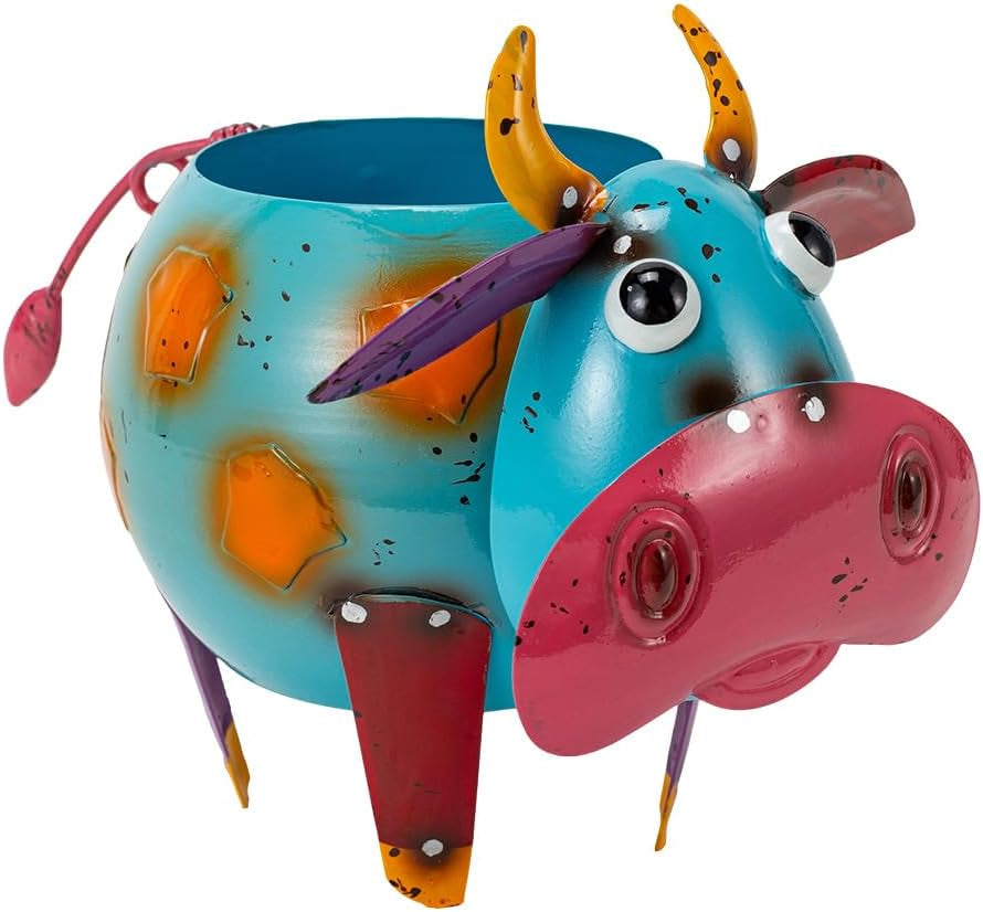 Colorful Metal Cow Garden Statues, Cartoon Cow Outdoor Garden Sculptures & Statues with Planters Art Decor for Patio, Lawn, Yard, Balcony
