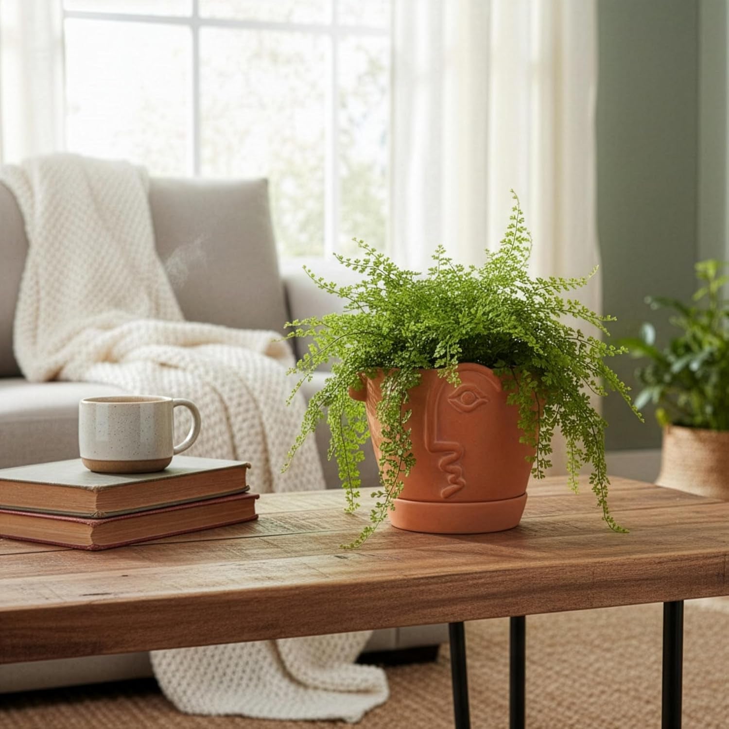 8 Inch Terracotta Abstract Face Planter with Drainage & Saucer – Large Artistic Statement Pot for Indoor & Outdoor Plants, Sculptural Boho Home Decor, Unique Art Gift