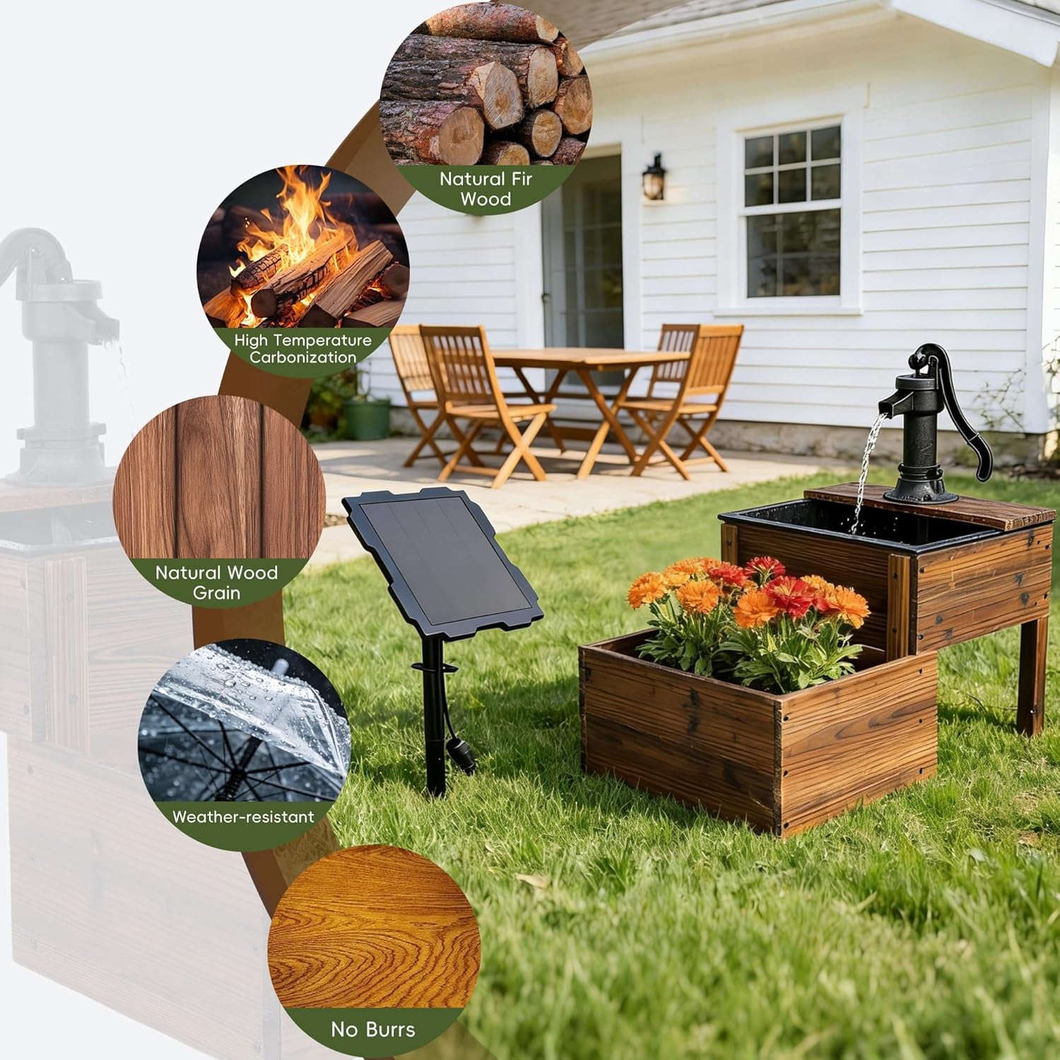 Solar Powered Water Fountain with Planter, 2-Tier Cascading Wooden Garden Fountain for Outdoor, Rustic Wood Barrel Water Feature with Solar Pump for Patio, Backyard, Porch, Yard Decor