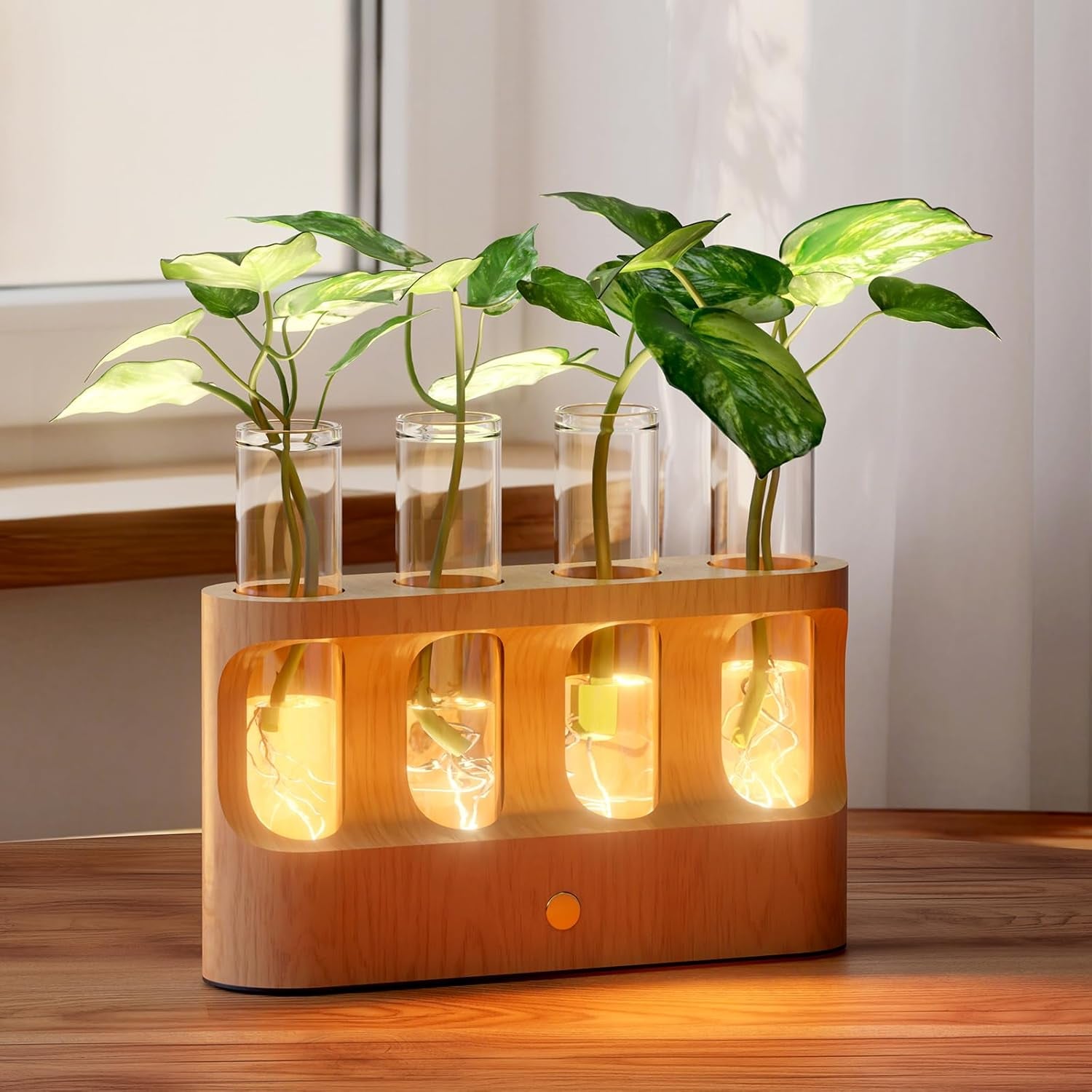 Rechargeable Plant Propagation Station with Stepless LED Light, Wooden Stand & 4 Propagation Test Tubes, Hydroponic Plant Terrarium for Indoor Home Decor, Gift for Plant Lovers and Mothers