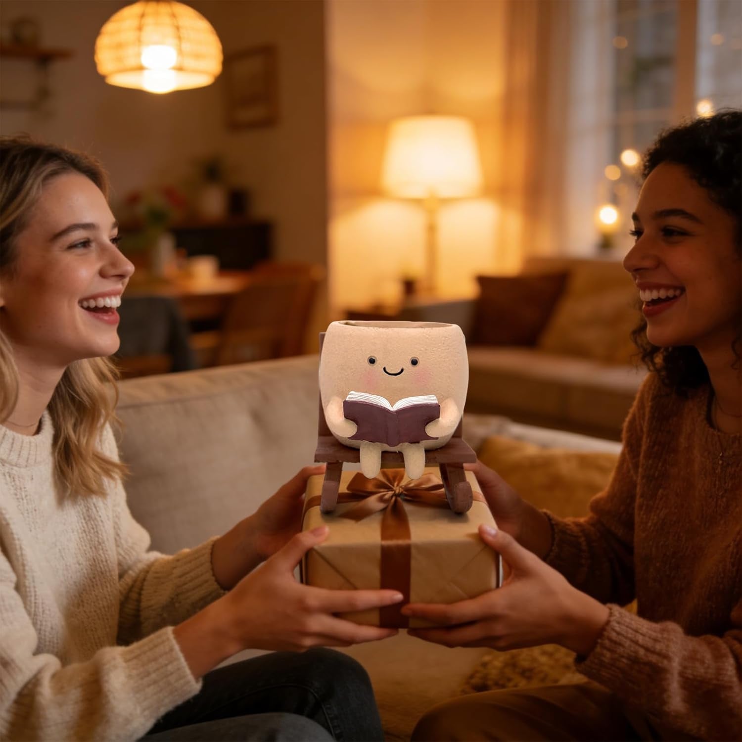 Rocking Chair Book Planter, Cute Smiley Face Succulent Plant Pots for Indoor Outdoor Plants, Unique Funny Flower Pots with Drainage Hole, Plant Gifts for Mother'S Day, Birthday, Christmas