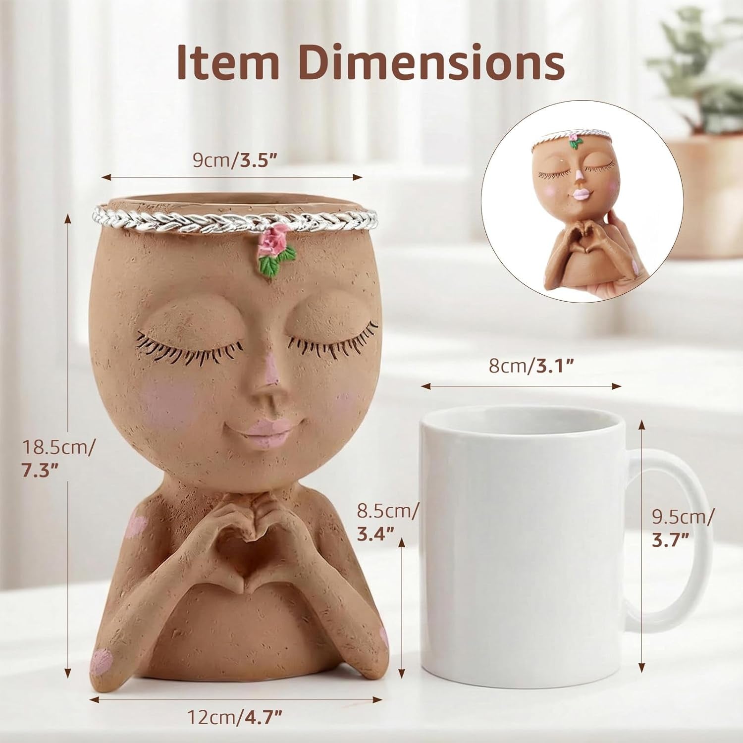 Face Planter Pot with Heart Hands, Resin Head Planter for Indoor Plants, Cute Succulent Pots with Drainage Hole, Gardening Gifts for Women Mom Teacher, 7.3" Home Decor (Brown)