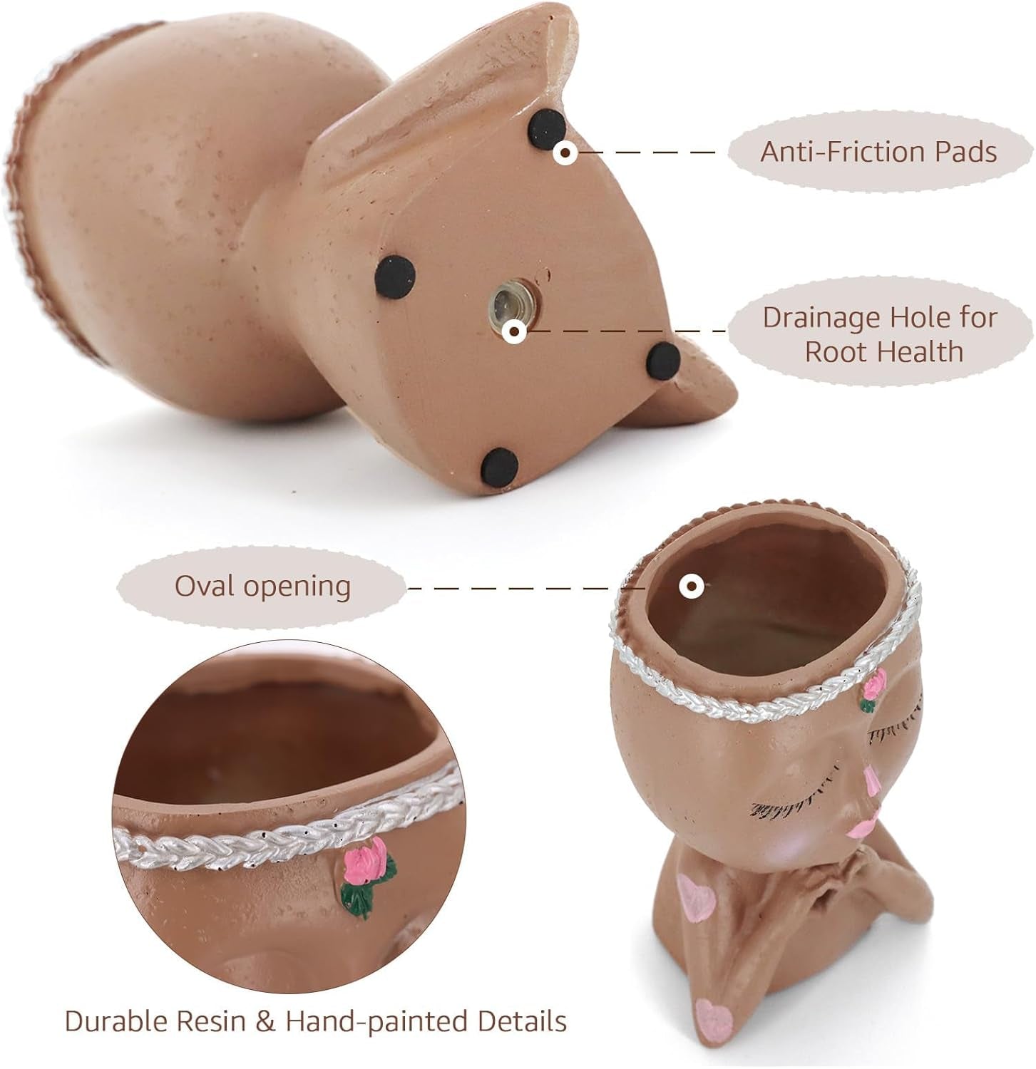 Face Planter Pot with Heart Hands, Resin Head Planter for Indoor Plants, Cute Succulent Pots with Drainage Hole, Gardening Gifts for Women Mom Teacher, 7.3" Home Decor (Brown)