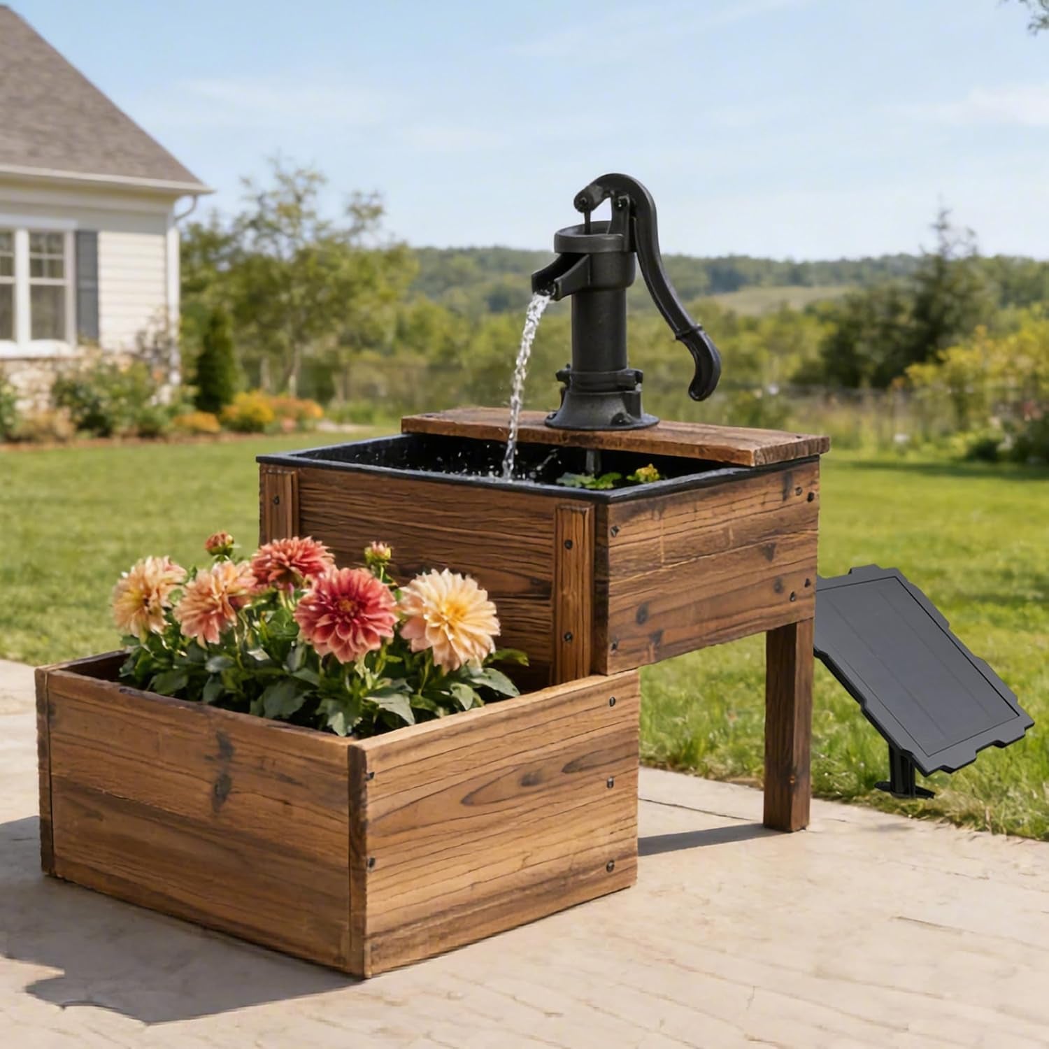 Solar Powered Water Fountain with Planter, 2-Tier Cascading Wooden Garden Fountain for Outdoor, Rustic Wood Barrel Water Feature with Solar Pump for Patio, Backyard, Porch, Yard Decor