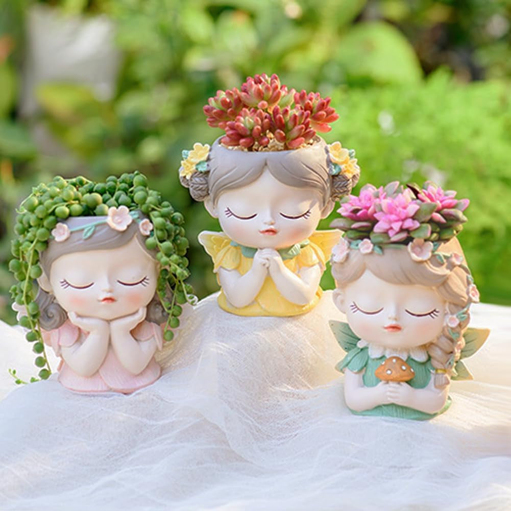 Samll Angel Girl Face Succulent Plant Pots 3Packs with Drainage Hole 4Inch Indoor Cactus Pot Unique Cute Flower Pot with Girl Face Container Planter