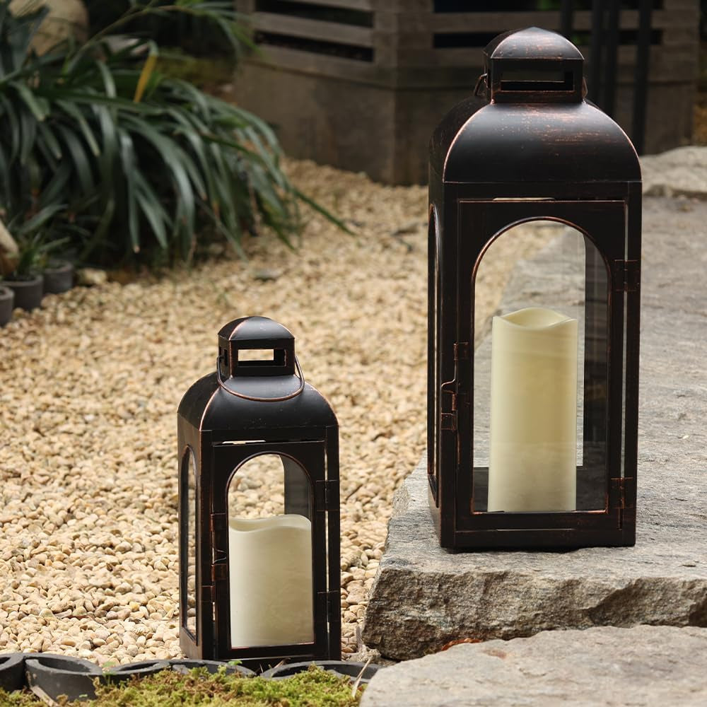 Lanterns Decorative Indoor,Set of 2 Outdoor Lanterns for Porch, 20" Metal Frame Candle Holders Hanging Lights,With Glass, Spring, Fall, Christmas