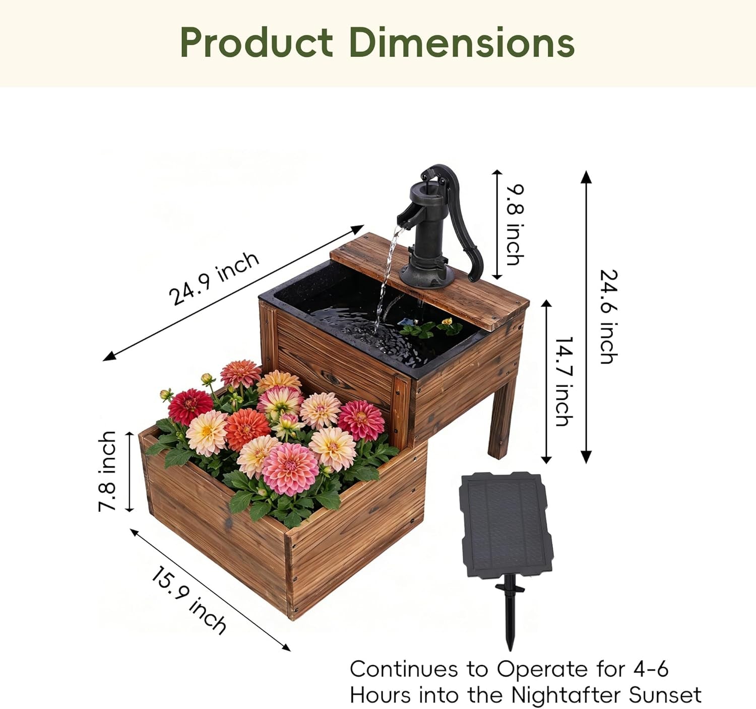 Solar Powered Water Fountain with Planter, 2-Tier Cascading Wooden Garden Fountain for Outdoor, Rustic Wood Barrel Water Feature with Solar Pump for Patio, Backyard, Porch, Yard Decor