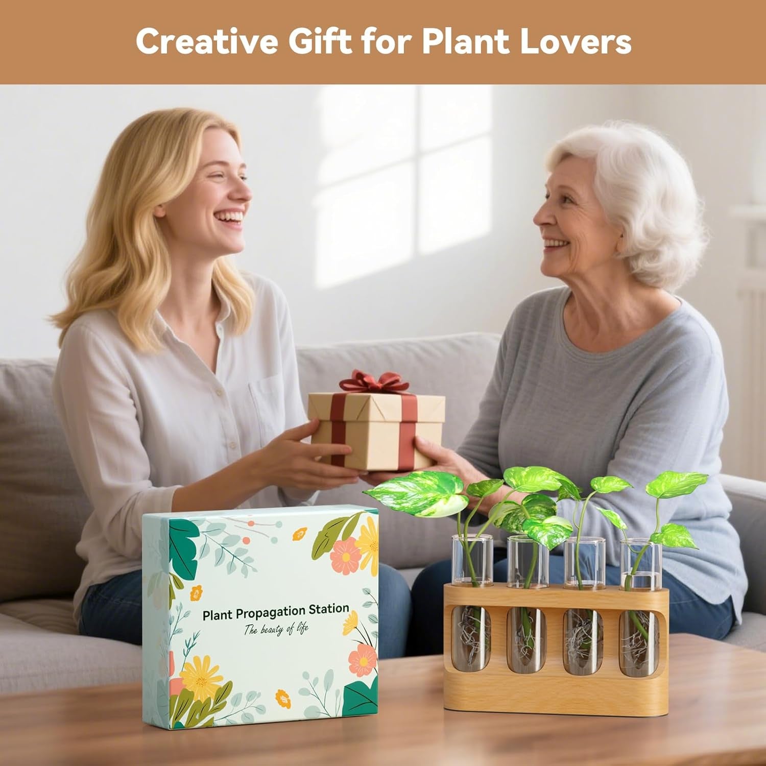 Plant Propagation Station with 9-Speed Adjustable LED Lights, Wooden Stand, 4 Glass Test Tubes for Hydroponic Plants, Unique Gift for Plant Lovers