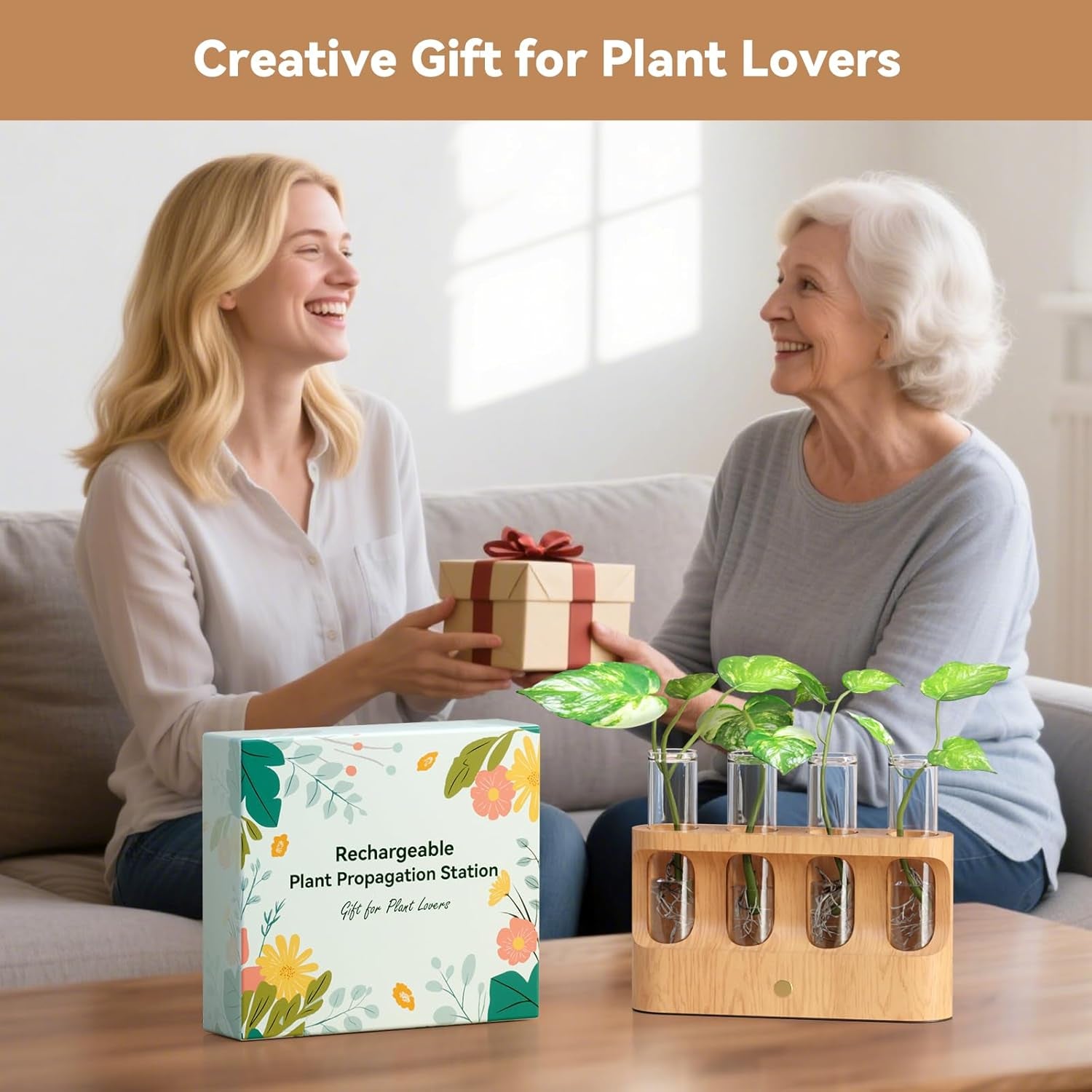 Rechargeable Plant Propagation Station with Stepless LED Light, Wooden Stand & 4 Propagation Test Tubes, Hydroponic Plant Terrarium for Indoor Home Decor, Gift for Plant Lovers and Mothers