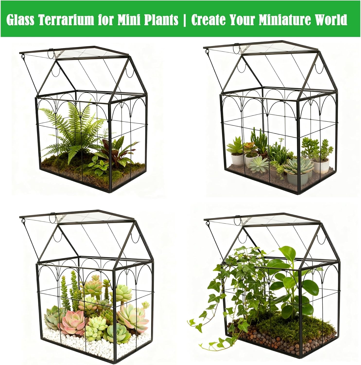 Glass Geometric Plant Terrarium,Succulent & Air Planter for Home Garden Office Decoration (Black House)