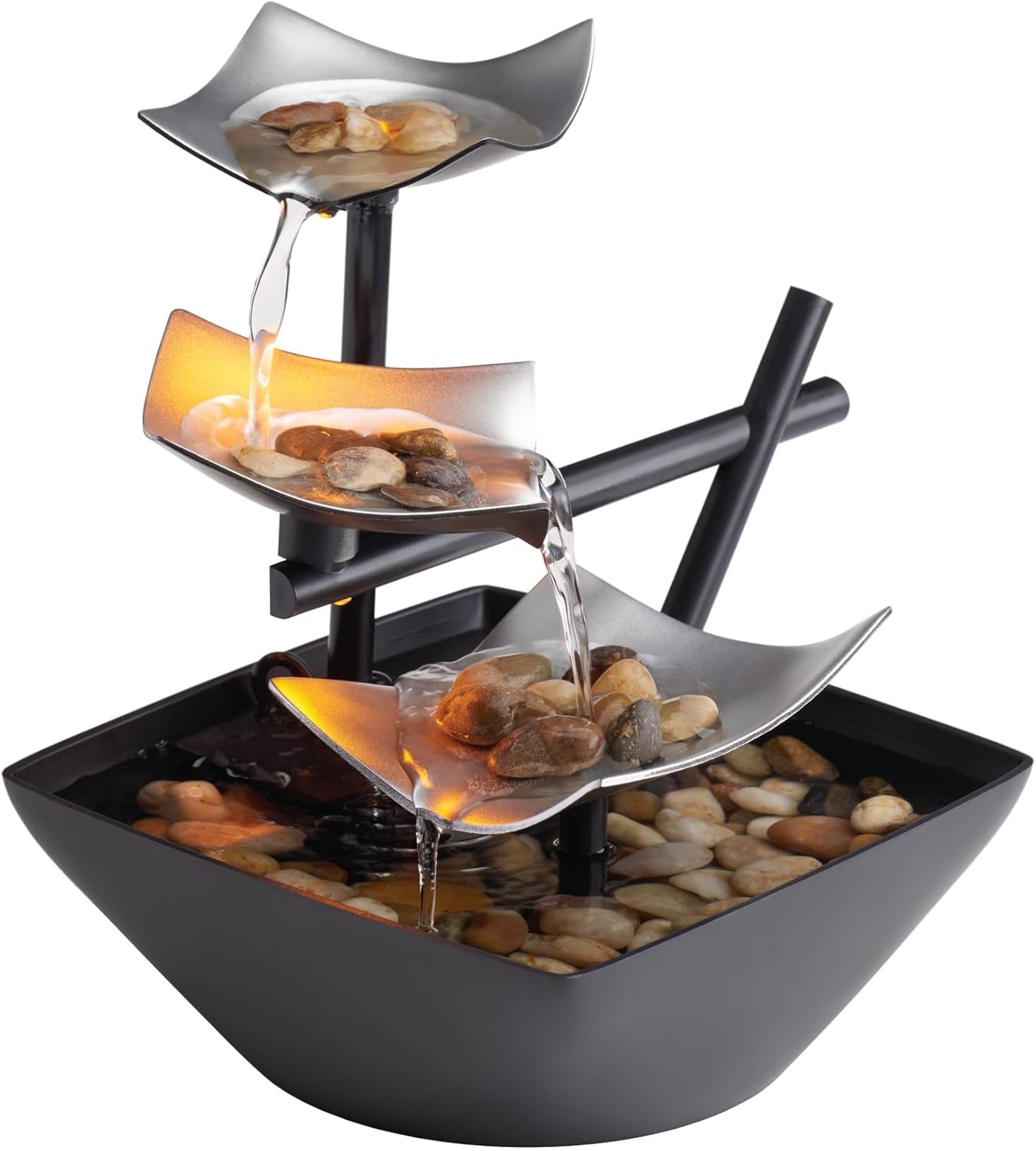Tabletop Water Fountain, 3 Tier Indoor Waterfall Fountain with Natural River Rocks, Quiet Pump for Relaxation, Zen Home & Office Desk Décor, AA Battery Powered