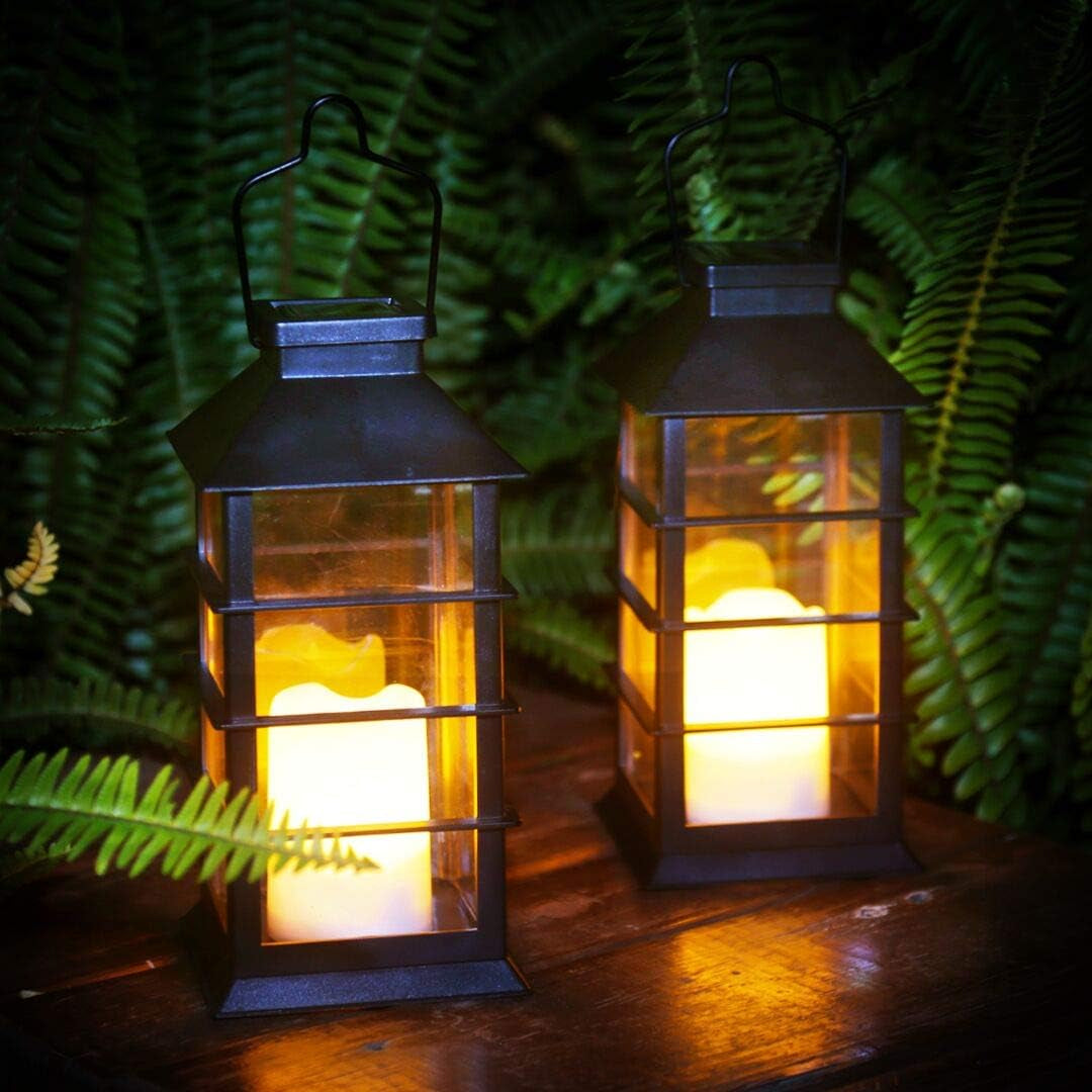 2 Pack Outdoor Garden Hanging Lanterns with Waterproof LED Flickering Flameless Candle Solar Powered Lights Yard Decor Outdoor Decorative for Pathway Courtyard Party Patio Christmas (Black)