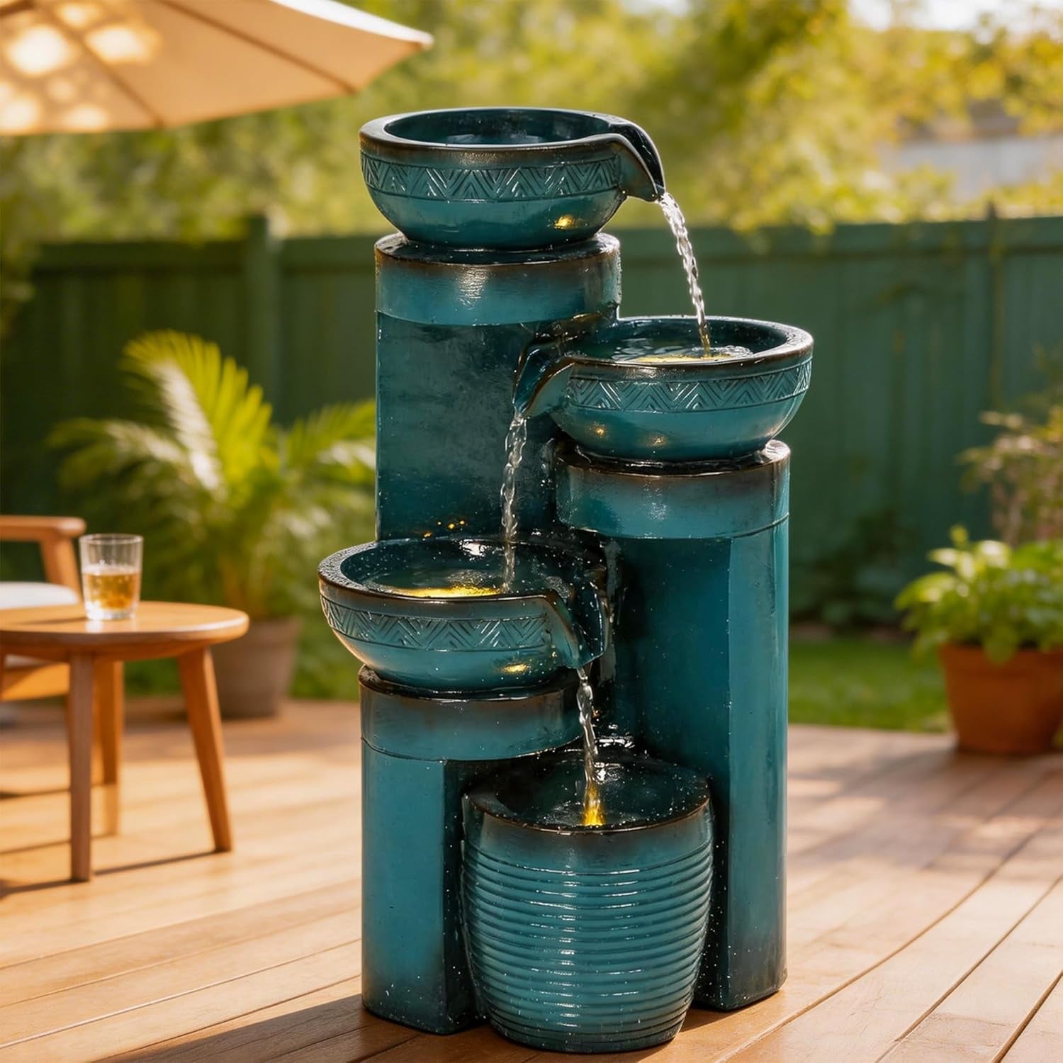 19.5" Tall 4-Tier Pedestal Outdoor Water Fountain with LED Lights and Pump, Relaxing Garden Fountain Waterfall for Patio, Porch, or Yard