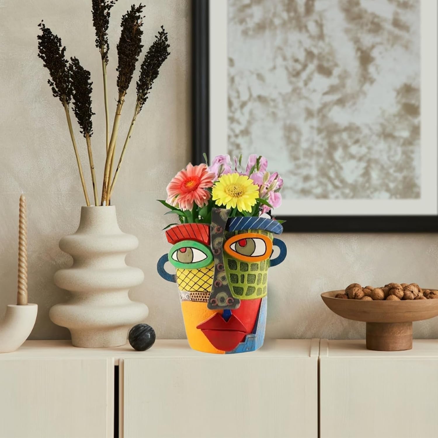 Picasso Brutalist Abstract Beauty Flower Pot Ornaments Head Planter Pots Container Face Planters Pots Head Colorful Face Art Resin Flower Pot (Modern Big)