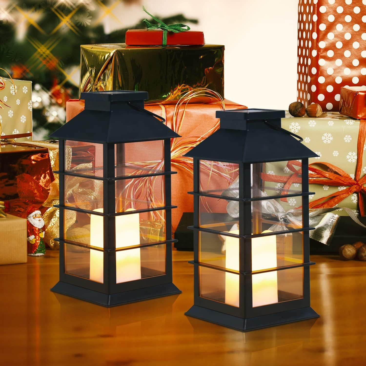 2 Pack Outdoor Garden Hanging Lanterns with Waterproof LED Flickering Flameless Candle Solar Powered Lights Yard Decor Outdoor Decorative for Pathway Courtyard Party Patio Christmas (Black)