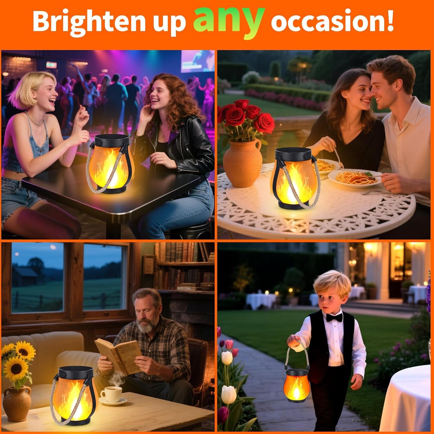 2 Pack Solar Flame Lantern Lights — Flickering Flame Hanging Lanterns Outdoor, Waterproof Garden Lights with 2 Modes Dual Charging USB & Solar Yard, Patio Decor