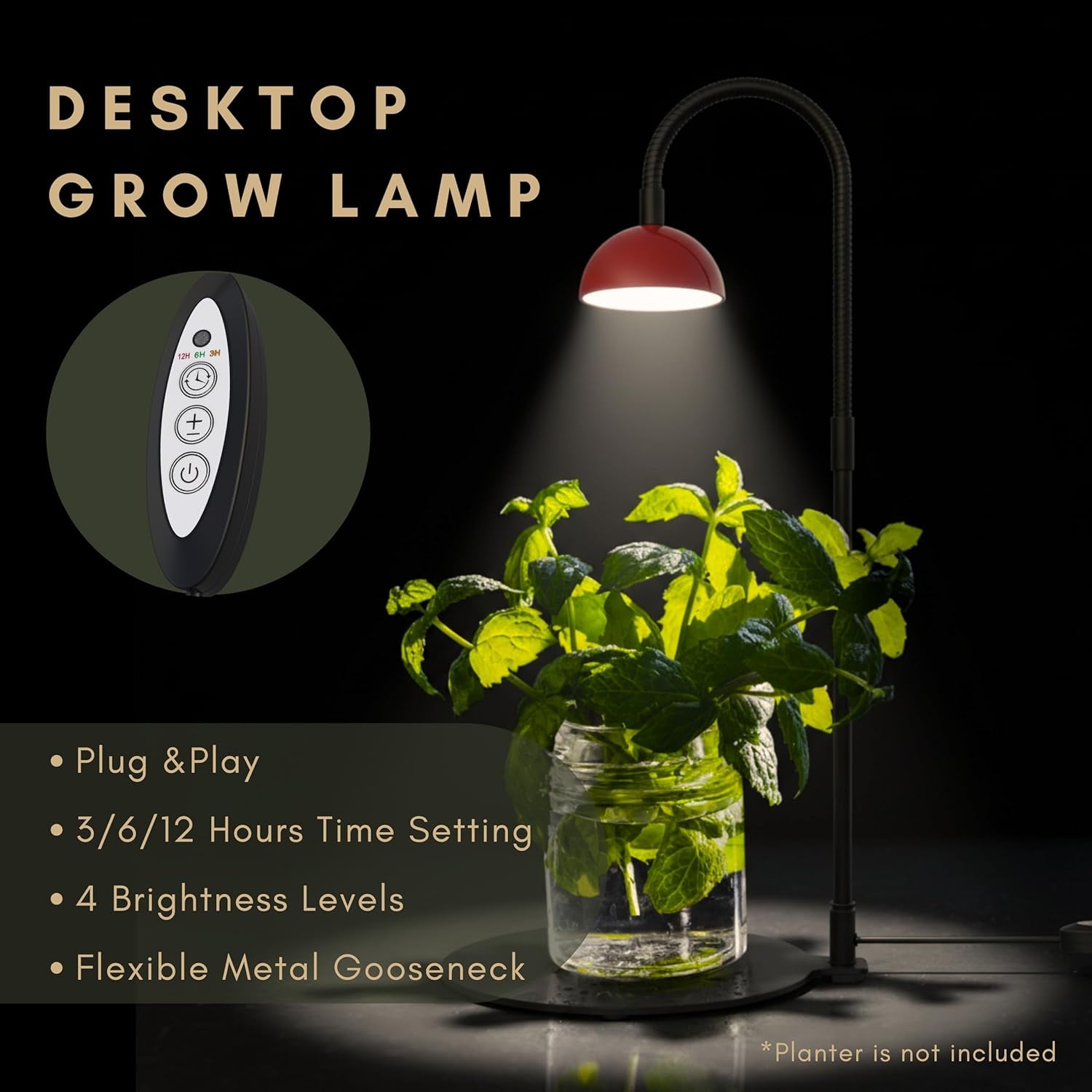 Desktop Grow Lamp Terrarium Light Plant Light on Table with Flexible Gooseneck Lamp for Terrarium Kitchen Vetegable Succulent Lamp with Auto Timer 3/6/12Hrs, 4 Brightness Levels (Red)
