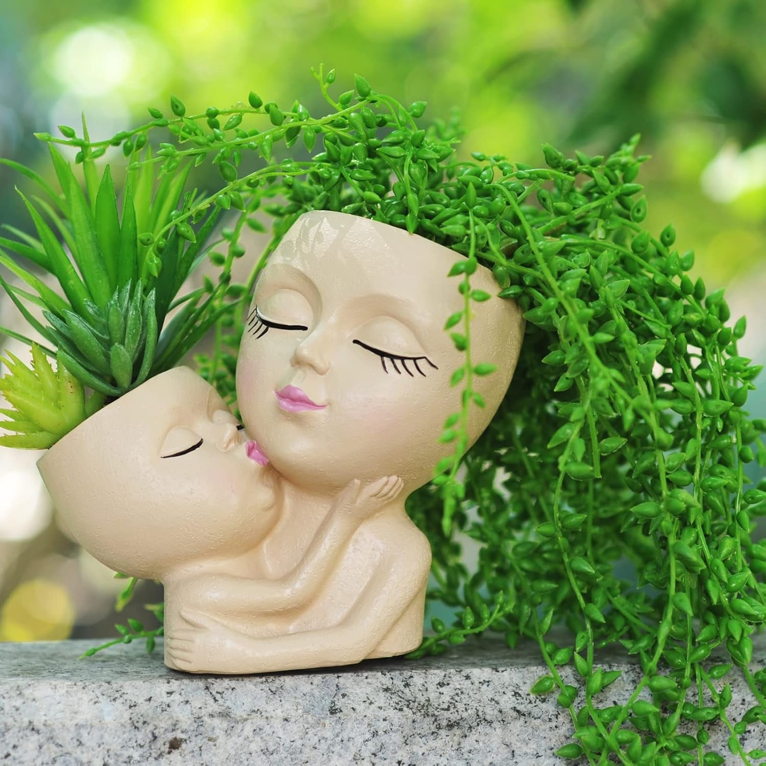 Head Planter Mother and Child Cute Face Planter Pots Head Resin Flower Pots for Indoor Plants with Drainage Hole(Mother&Child-Khaki)