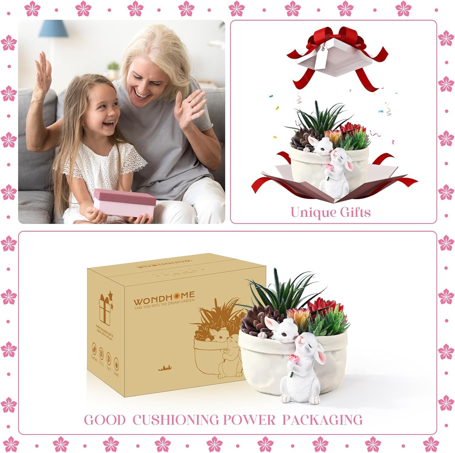 Rabbit Flower Pot Succulent Planter Garden Pots, Bunny Decorative Flower Pot,Animal Shaped Cartoon Planter Pots, Art Decorations for Mom Women （Flower with Drainage Hole）