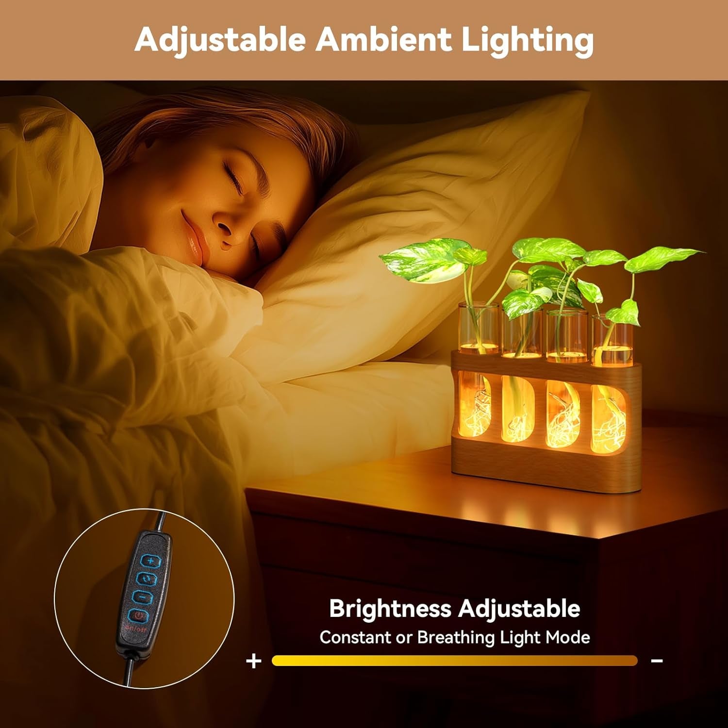 Plant Propagation Station with 9-Speed Adjustable LED Lights, Wooden Stand, 4 Glass Test Tubes for Hydroponic Plants, Unique Gift for Plant Lovers