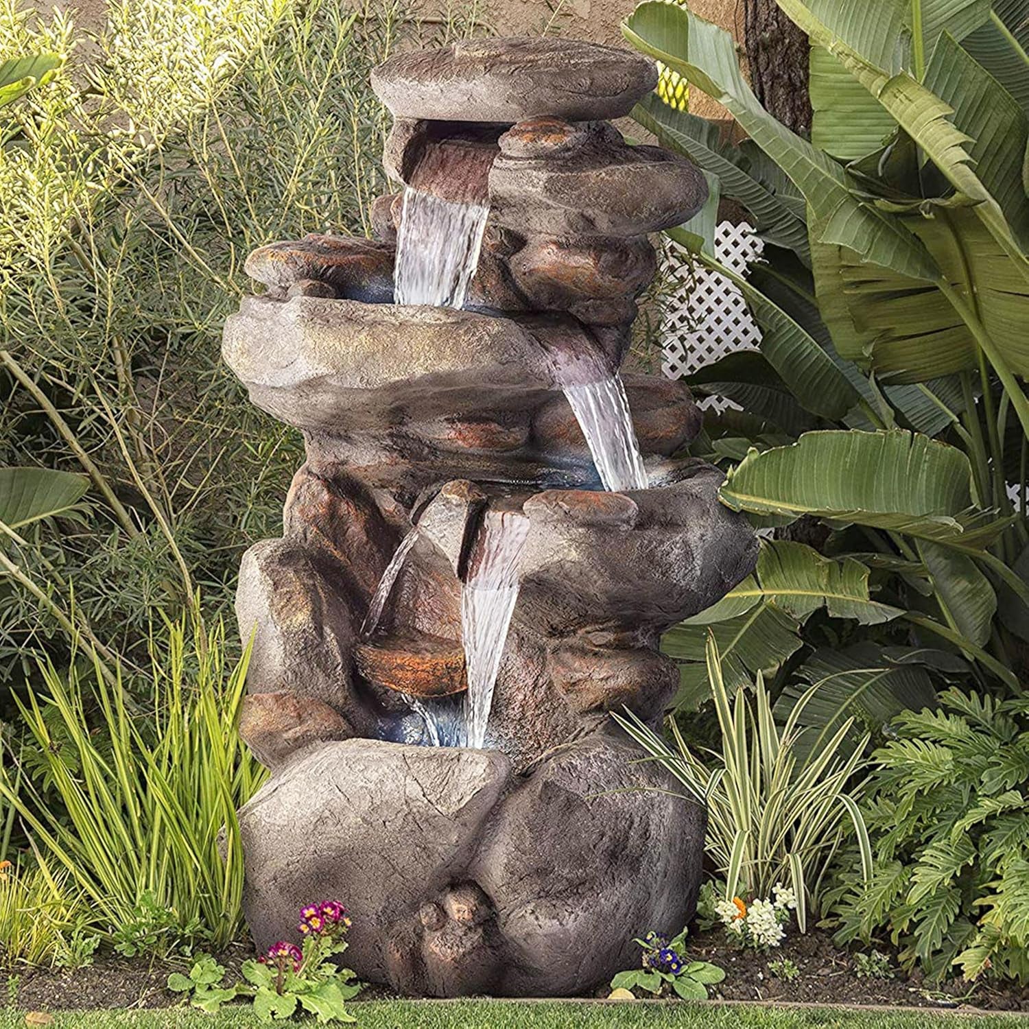 | 40" 4-Tier Rock Floor Fountain with Cascading Water & White LED Lights, Tranquil Outdoor Water Feature for Garden, Patio, Yard & Deck, Light Gray