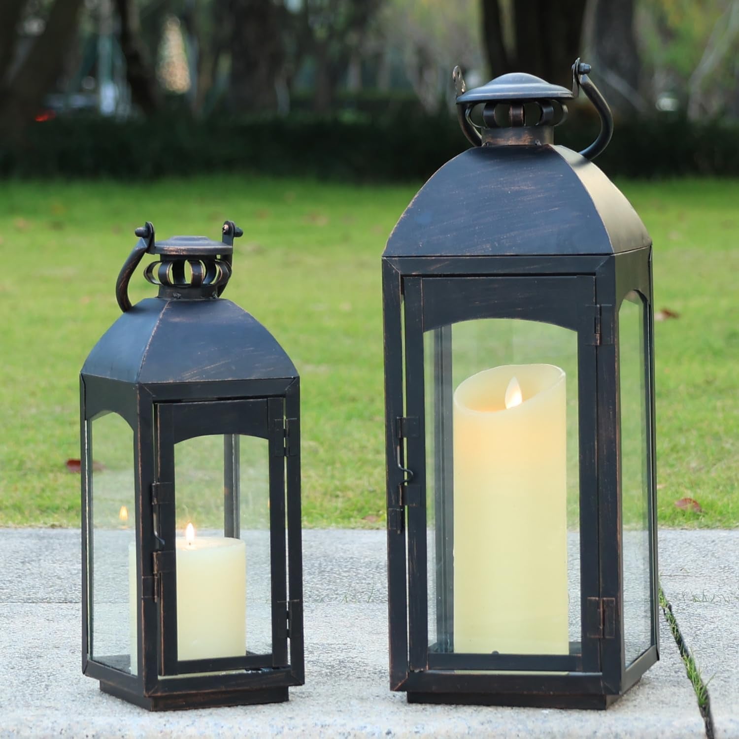 Lanterns Decorative Indoor,Set of 2 Outdoor Lanterns for Porch, 20" Metal Frame Candle Holders Hanging Lights,With Glass, Spring, Fall, Christmas