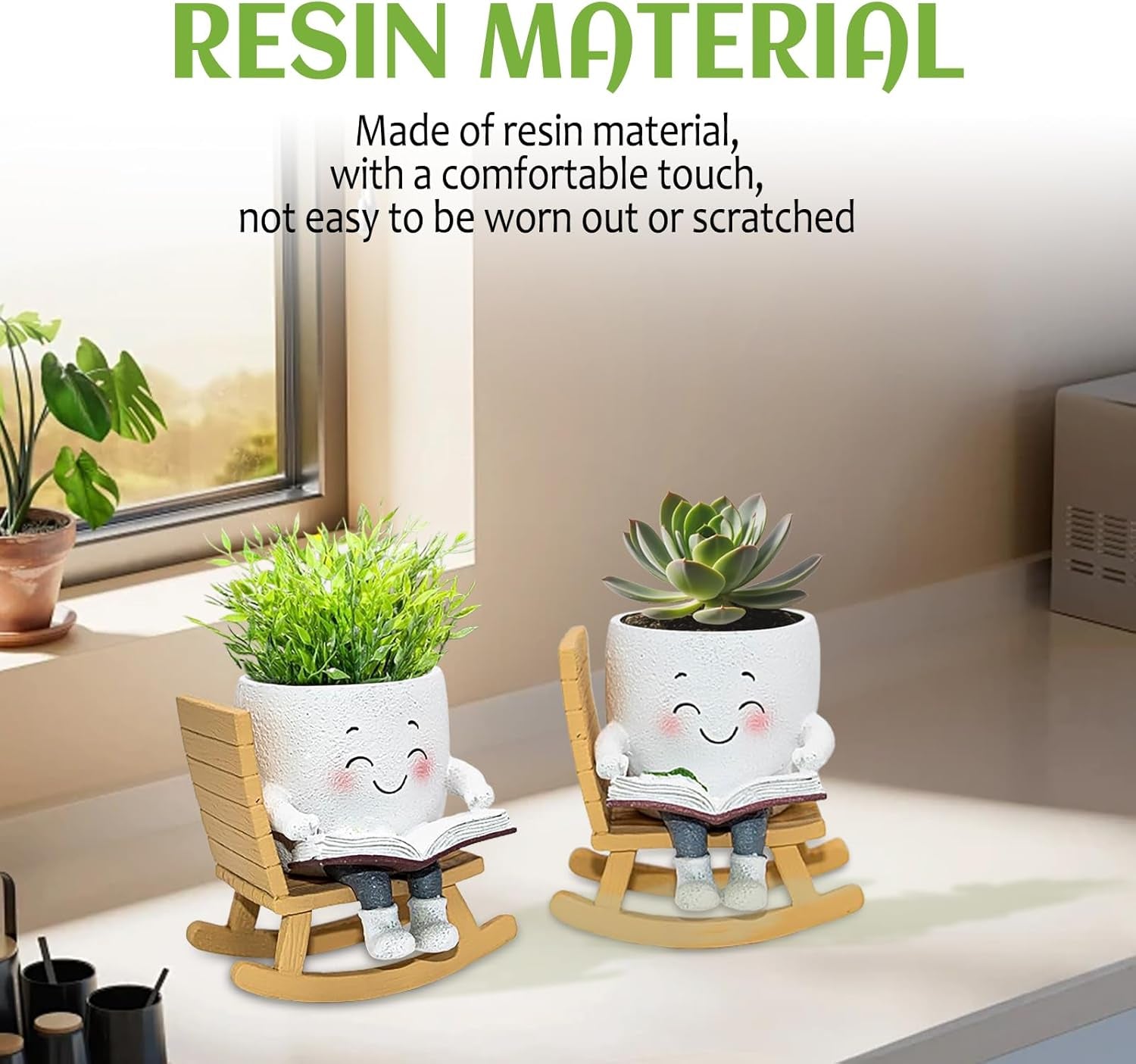 Smily Face Rocking Chair Reading Book Planter Pots, Cute Resin Flower Head Succulent Planters for Indoor Plants, Gift Ideai for Mother Christmas Birthday with Drainage Hole