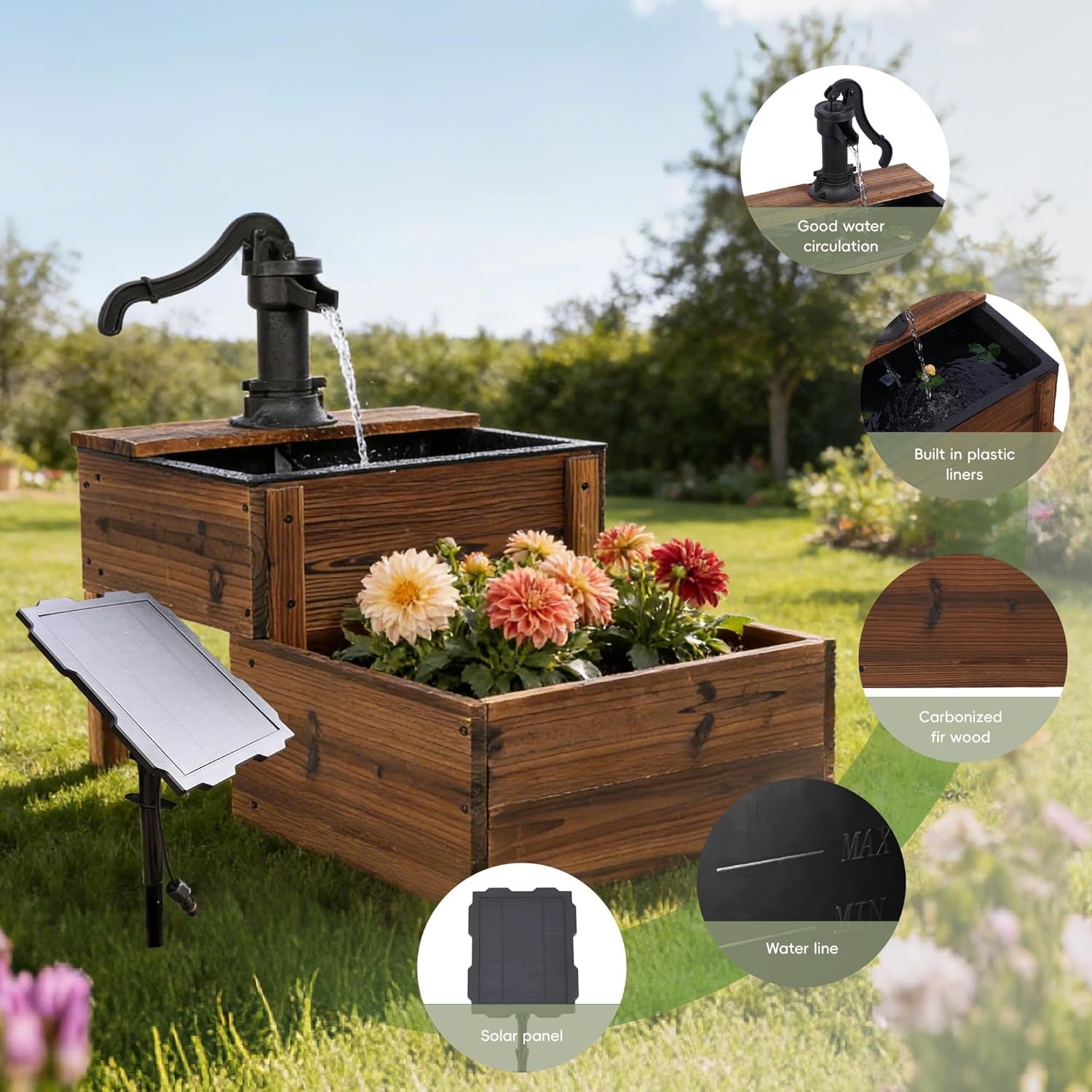 Solar Powered Water Fountain with Planter, 2-Tier Cascading Wooden Garden Fountain for Outdoor, Rustic Wood Barrel Water Feature with Solar Pump for Patio, Backyard, Porch, Yard Decor