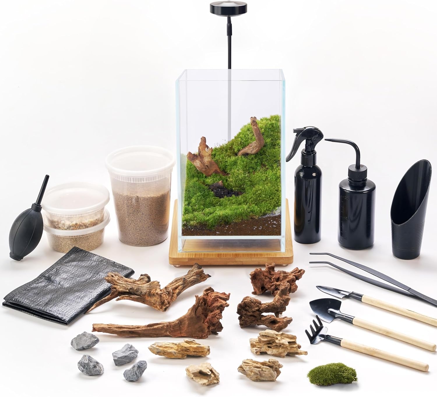 Terrarium Kit with Grow Light – 24-Piece DIY Glass Terrarium Set with Tools, Moss, Driftwood, Soil & Pebbles – Mini Gardening Kit for Air Plants, Succulents & Indoor Desk Decoration Gift