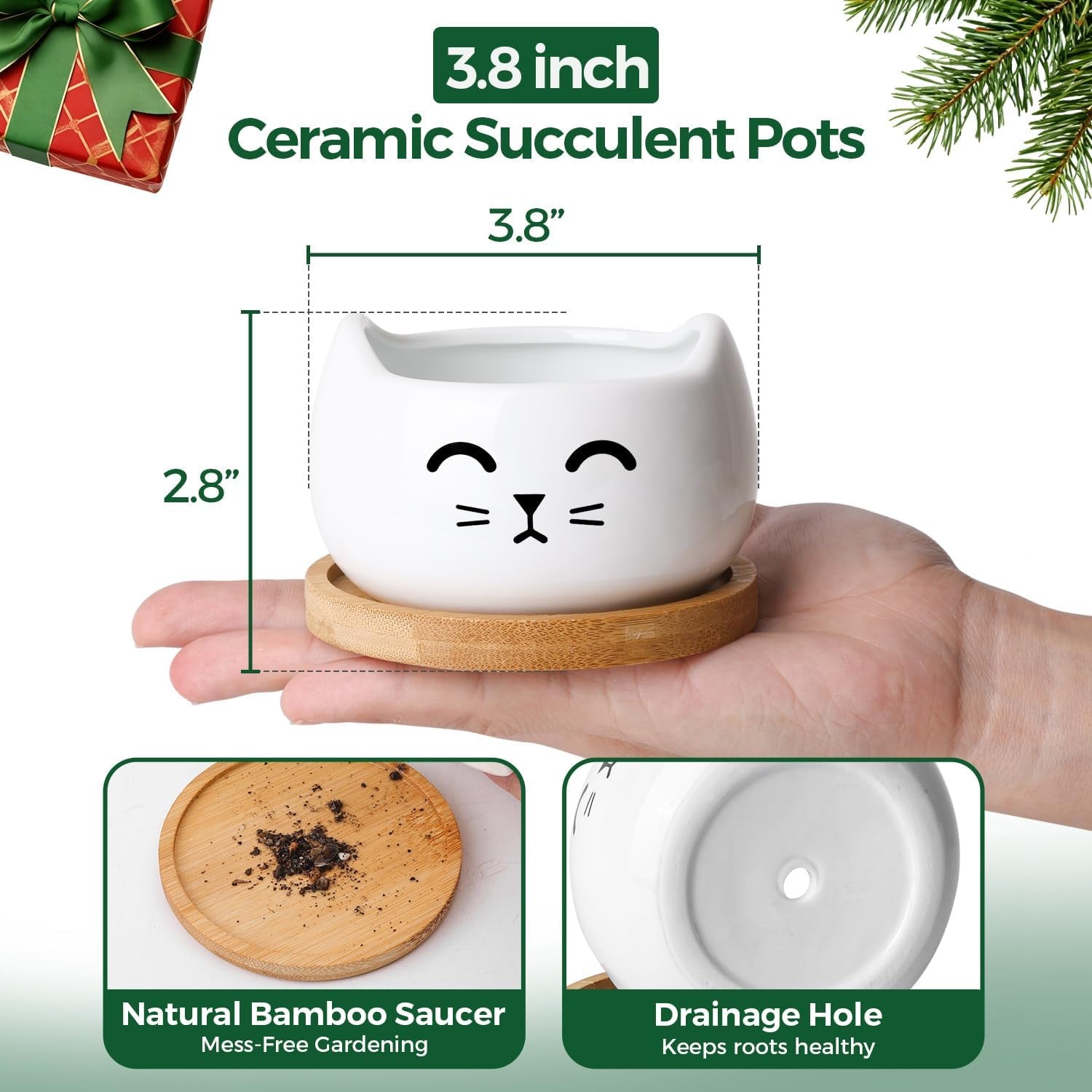 Cat Planter 3.8 Inch, 3 Pcs Cute Cat Small Plant Pots for Indoor Plants, Mini Cat Succulent Pots for Plants, Ceramic Succulent Planters with Drainage, Tiny Flower Pots