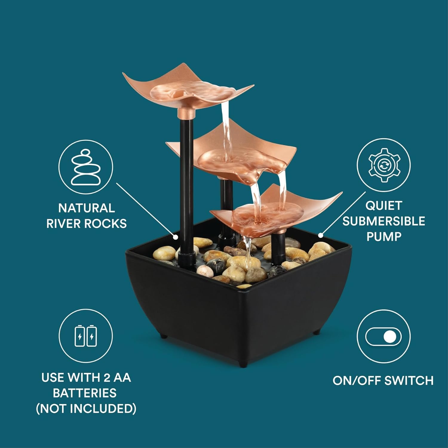 Tabletop Water Fountain, 3 Tier Indoor Waterfall Fountain with Natural River Rocks, Quiet Pump for Relaxation, Zen Home & Office Desk Décor, AA Battery Powered