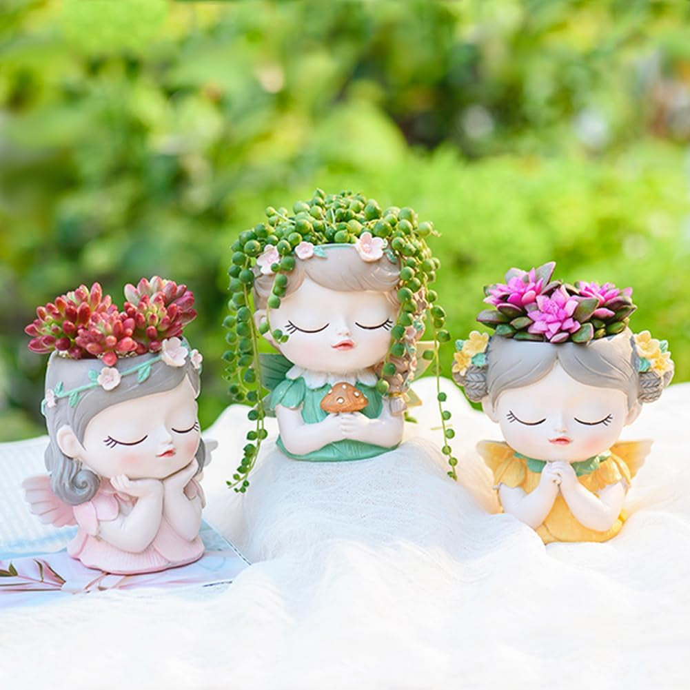 Samll Angel Girl Face Succulent Plant Pots 3Packs with Drainage Hole 4Inch Indoor Cactus Pot Unique Cute Flower Pot with Girl Face Container Planter