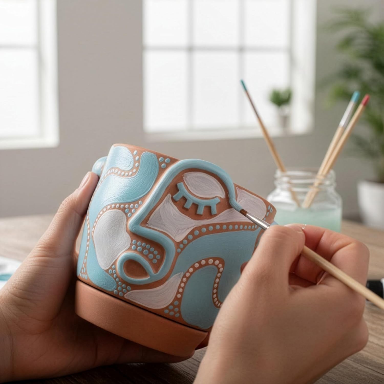 8 Inch Terracotta Abstract Face Planter with Drainage & Saucer – Large Artistic Statement Pot for Indoor & Outdoor Plants, Sculptural Boho Home Decor, Unique Art Gift