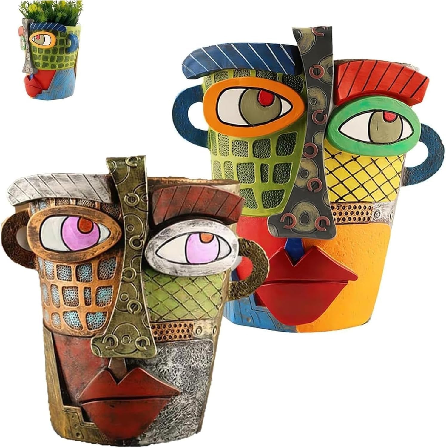 Picasso-Inspired Abstract Face Flower Pot | Unique Head Planter with Drainage Hole | Vibrant Colors & Quirky Art Decor (Tears)