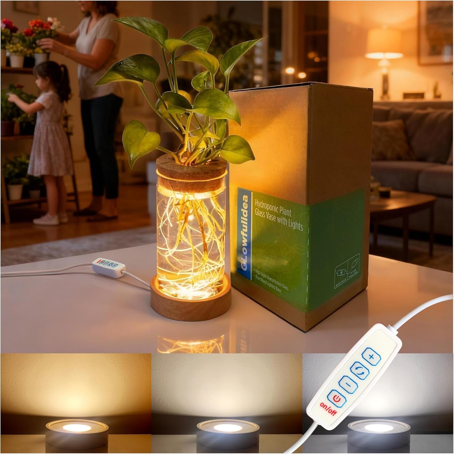 Plant Propagation Station with 9-Level Adjustable LED Light, Glass Planter Station with Waterproof Lighted Wooden Base, Desktop Hydroponic Plants Terrarium Vases Jars for Home & Office Decor