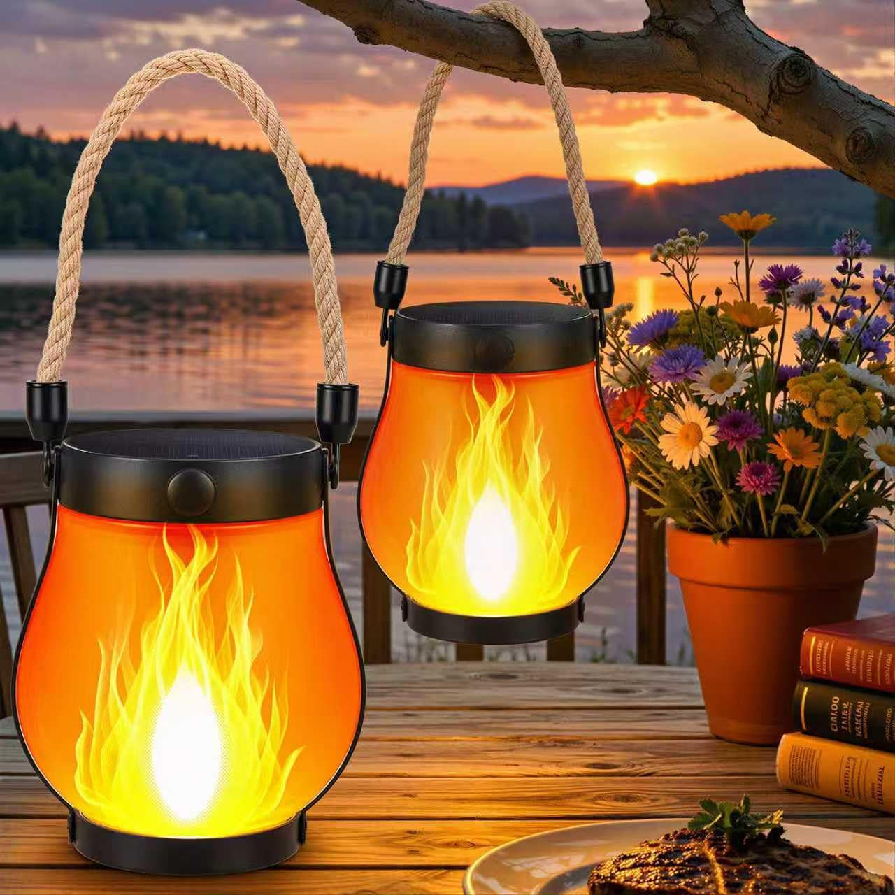 2 Pack Solar Flame Lantern Lights — Flickering Flame Hanging Lanterns Outdoor, Waterproof Garden Lights with 2 Modes Dual Charging USB & Solar Yard, Patio Decor