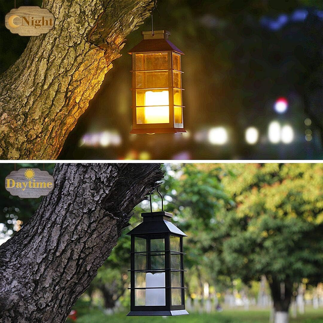 2 Pack Outdoor Garden Hanging Lanterns with Waterproof LED Flickering Flameless Candle Solar Powered Lights Yard Decor Outdoor Decorative for Pathway Courtyard Party Patio Christmas (Black)