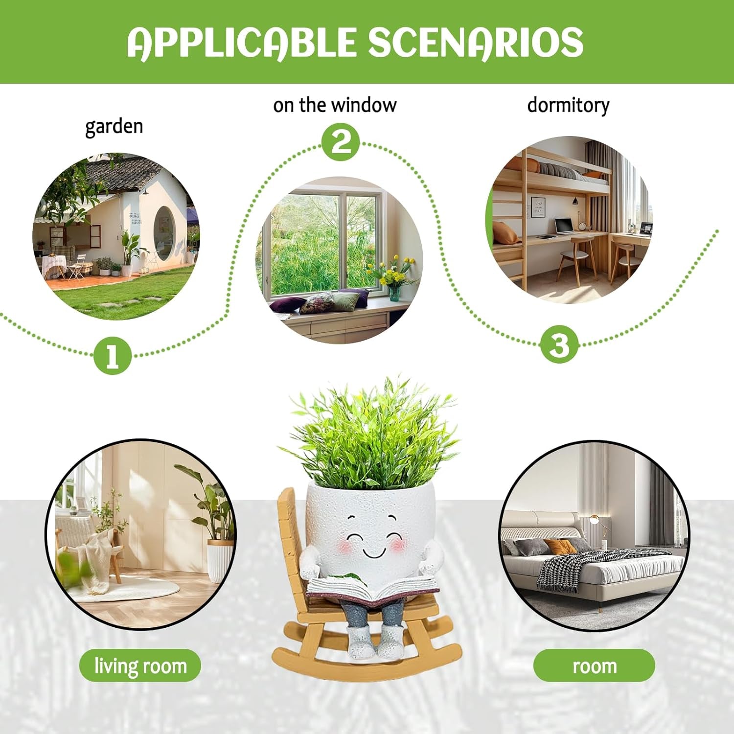 Smily Face Rocking Chair Reading Book Planter Pots, Cute Resin Flower Head Succulent Planters for Indoor Plants, Gift Ideai for Mother Christmas Birthday with Drainage Hole