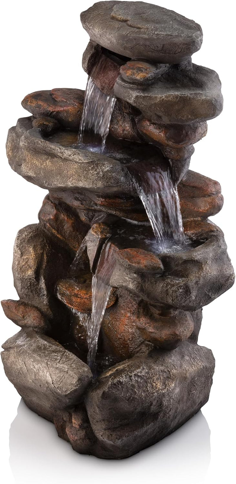 | 40" 4-Tier Rock Floor Fountain with Cascading Water & White LED Lights, Tranquil Outdoor Water Feature for Garden, Patio, Yard & Deck, Light Gray