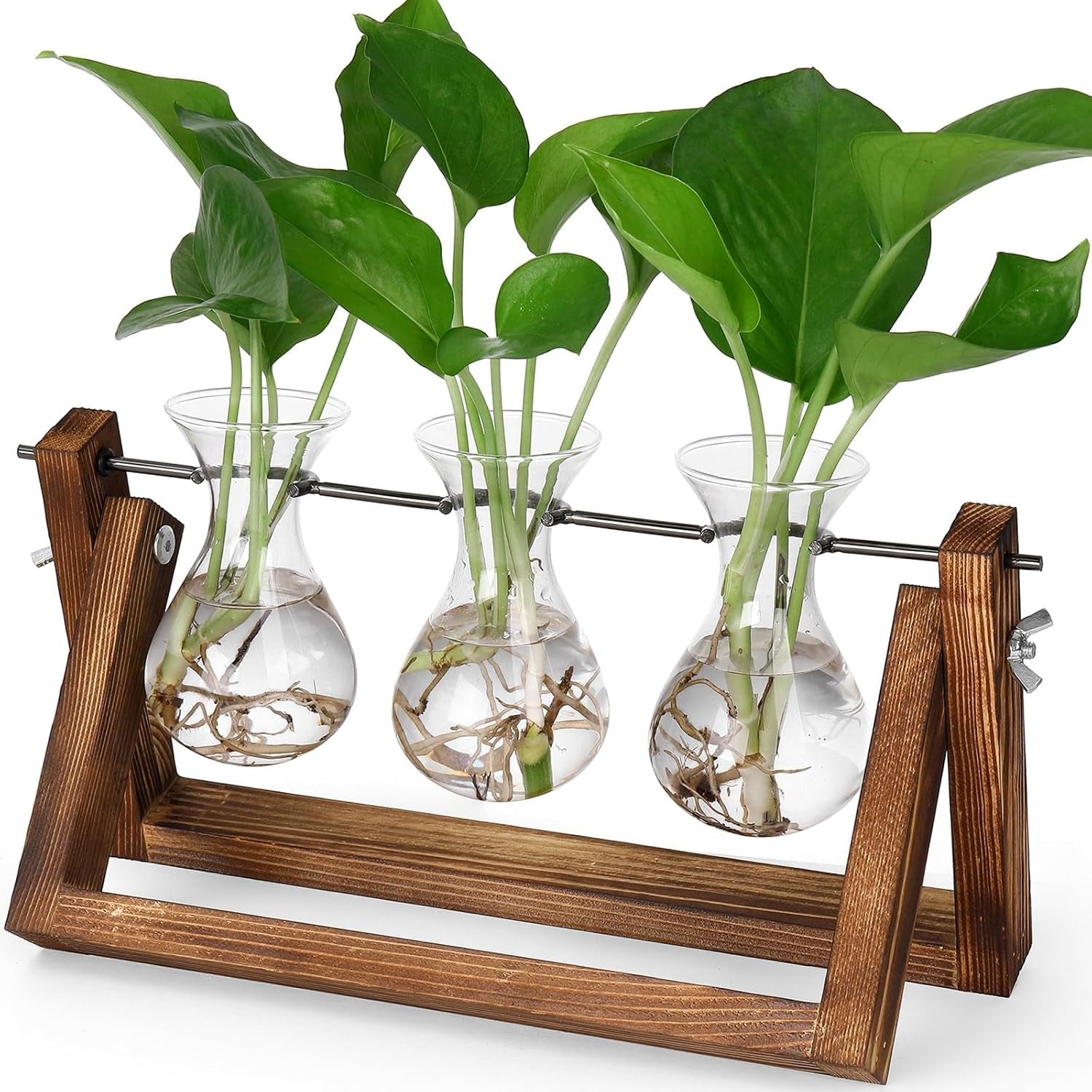 Propagation Stations,Plant Terrarium with Retro Wooden Stand, Unique Gardening Birthday Gifts for Women Plant Lovers, Hydroponics Plants Home Office Garden Decor - 3 Bulb Glass Vases