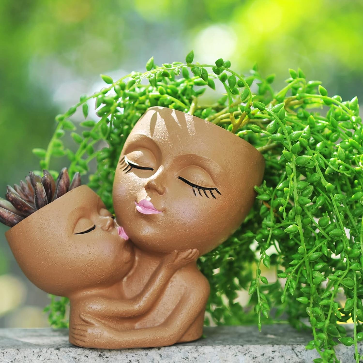 Head Planter Mother and Child Cute Face Planter Pots Head Resin Flower Pots for Indoor Plants with Drainage Hole(Mother&Child-Khaki)