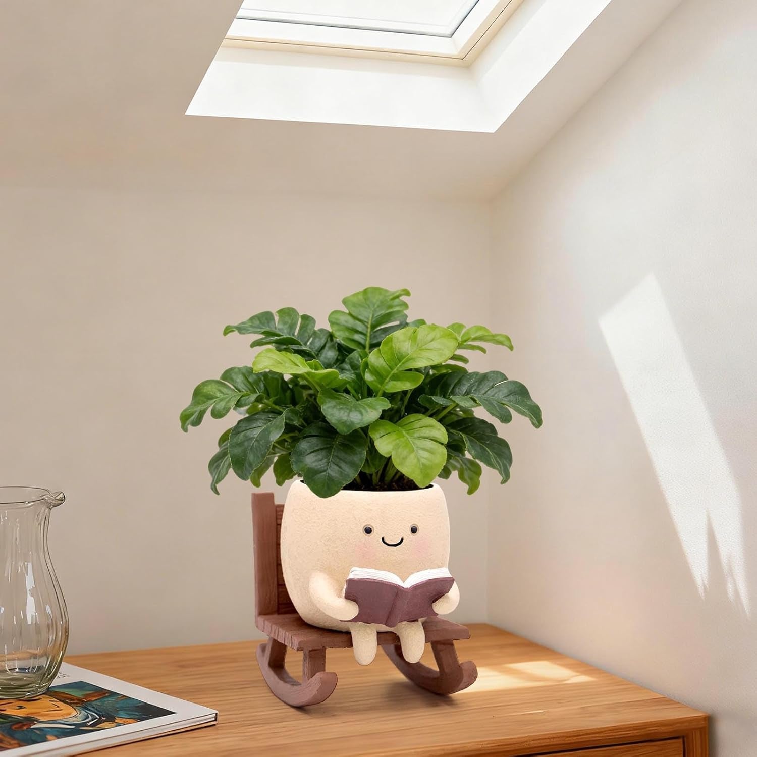 Rocking Chair Book Planter, Cute Smiley Face Succulent Plant Pots for Indoor Outdoor Plants, Unique Funny Flower Pots with Drainage Hole, Plant Gifts for Mother'S Day, Birthday, Christmas