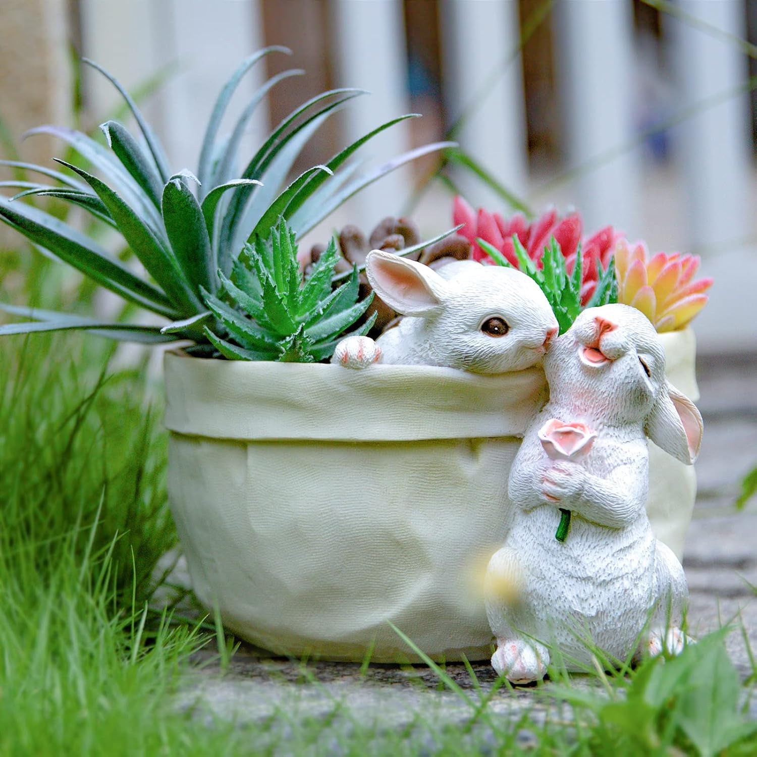Rabbit Flower Pot Succulent Planter Garden Pots, Bunny Decorative Flower Pot,Animal Shaped Cartoon Planter Pots, Art Decorations for Mom Women （Flower with Drainage Hole）