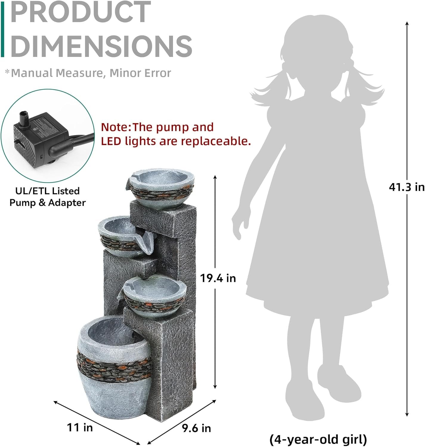 19.5" Tall 4-Tier Pedestal Outdoor Water Fountain with LED Lights and Pump, Relaxing Garden Fountain Waterfall for Patio, Porch, or Yard