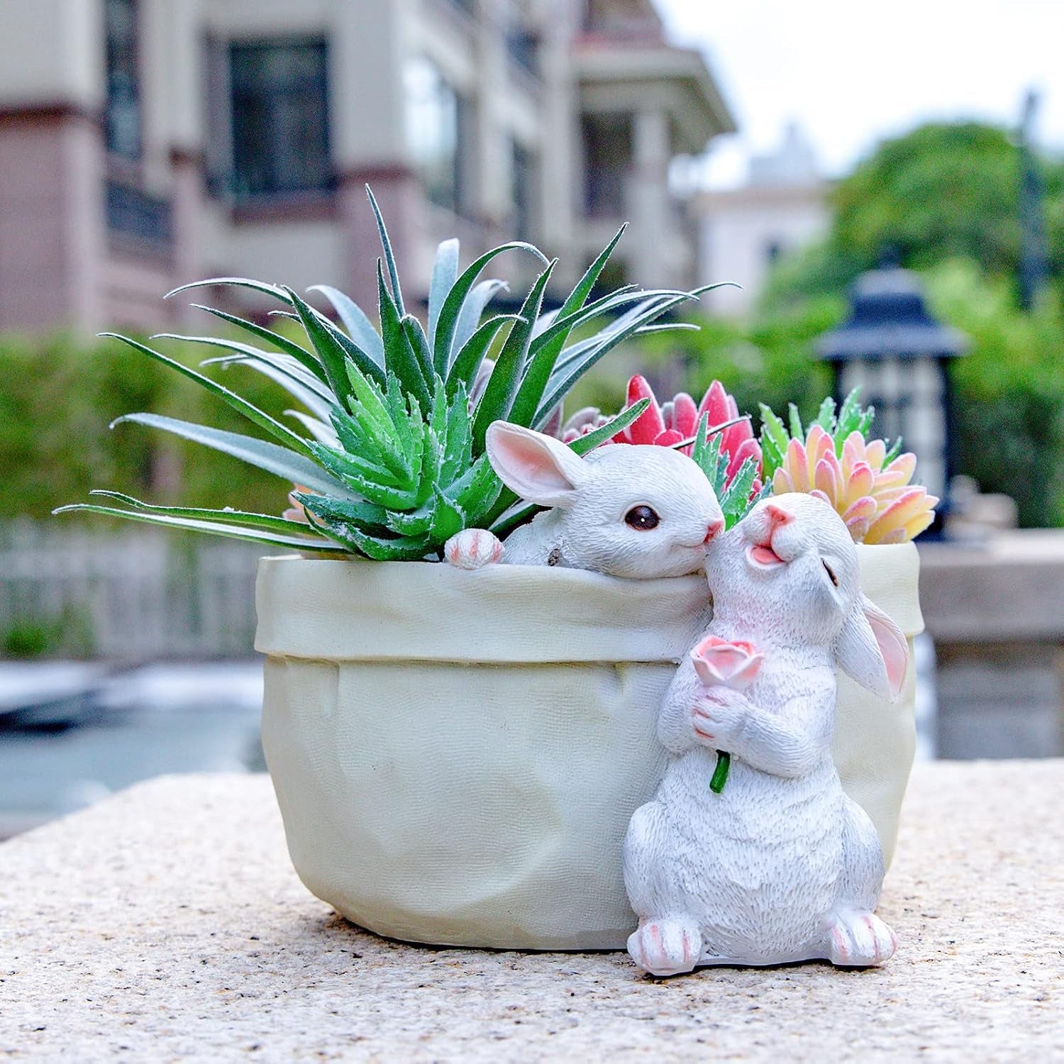 Rabbit Flower Pot Succulent Planter Garden Pots, Bunny Decorative Flower Pot,Animal Shaped Cartoon Planter Pots, Art Decorations for Mom Women （Flower with Drainage Hole）