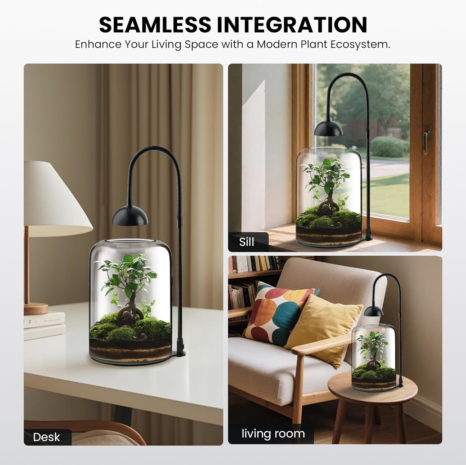 Glass Plant Terrarium with LED Grow Light & Adjustable Ventilation, 8.2" Desktop Terrarium for Venus Fly Trap, Moss & Succulents, Borosilicate Indoor Planter for Home Office Decor